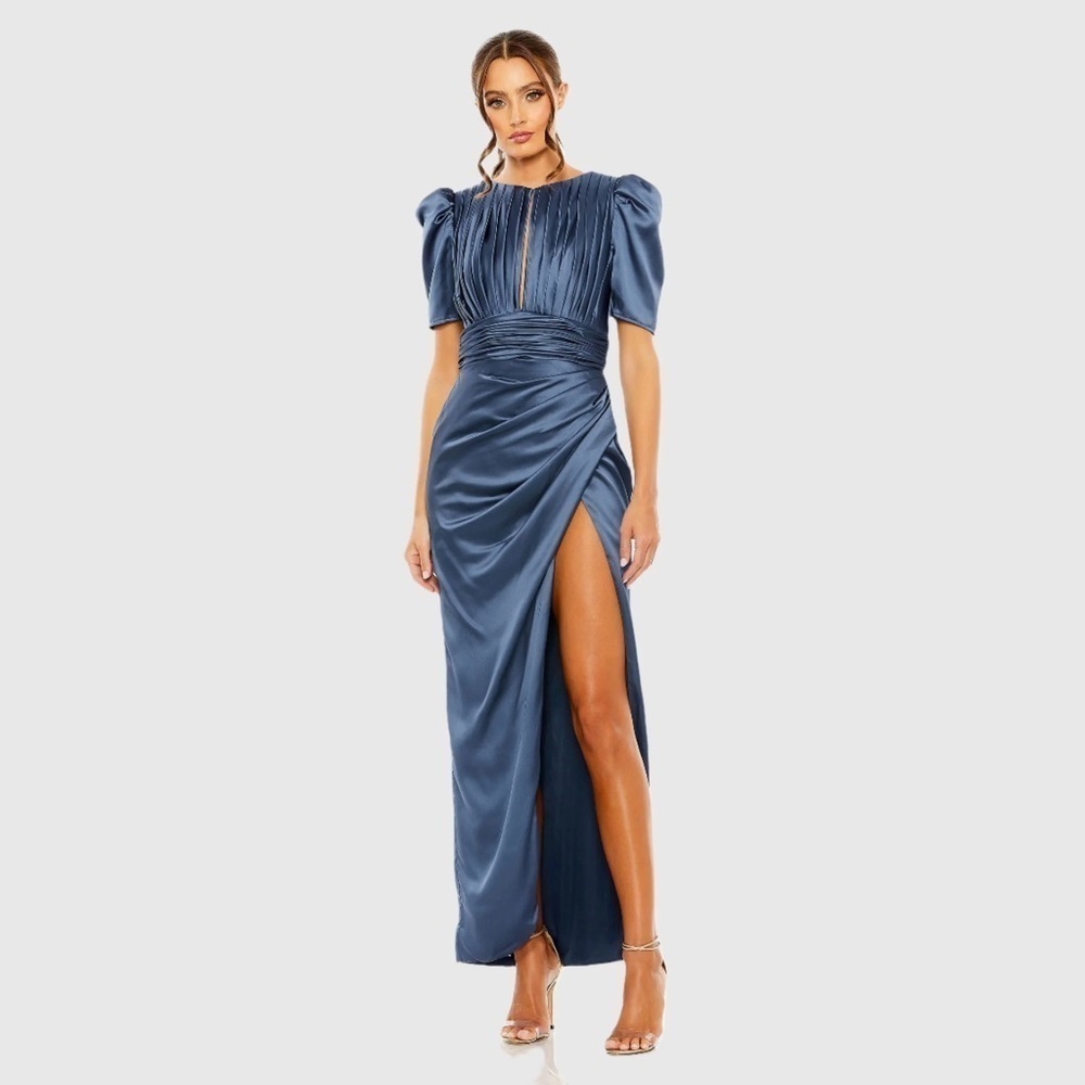 MAC DUGGAL 27014 NWT Puff Sleeve Pleated Bodice Draped Gown